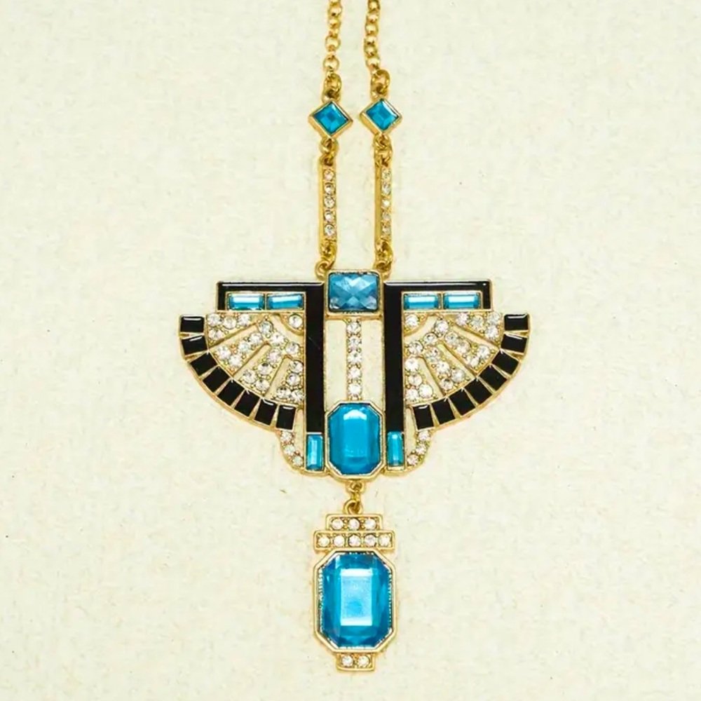 Boho Chic Blue Simulated Gemstones with Rhinestone Accents, Goldtone Necklace - Picture 3 of 7